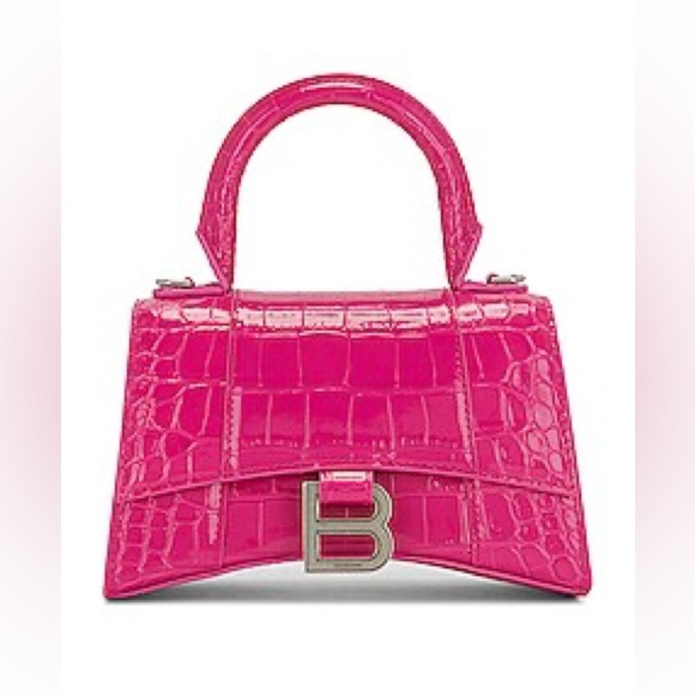 Authentic Balenciaga XS Hourglass Top Handle Crocodile Bag in Lipstick Pink